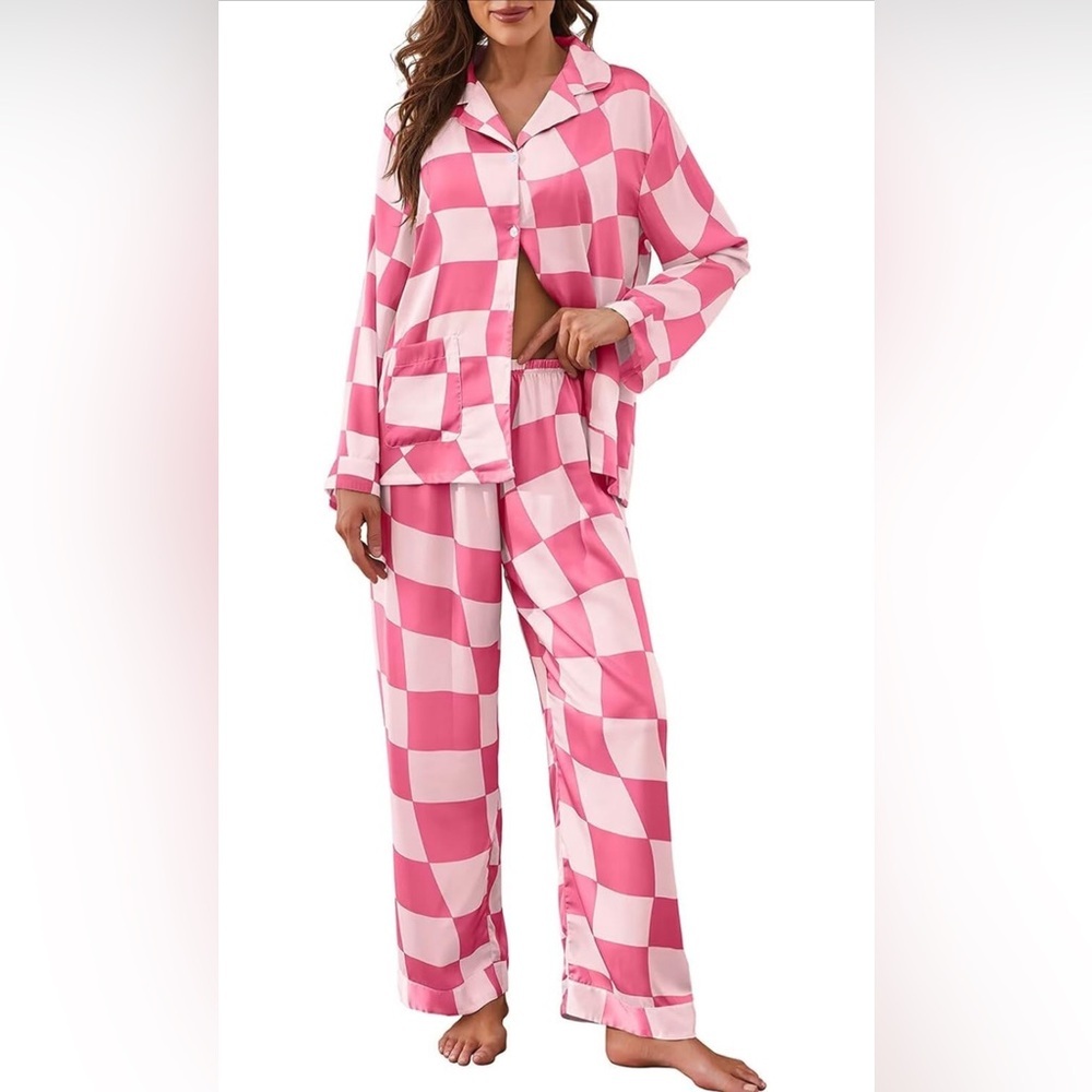 NEW Womens Silk Pajamas button Soft Long Sleeve Satin Loungewear Set XL
